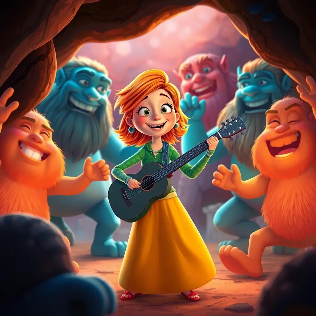 Ellie playing her made-up melody, surrounded by dancing giants in the cave, joyful expressions on the giant's faces, vivid colors, whimsical, magical atmosphere, engaging and lively scene