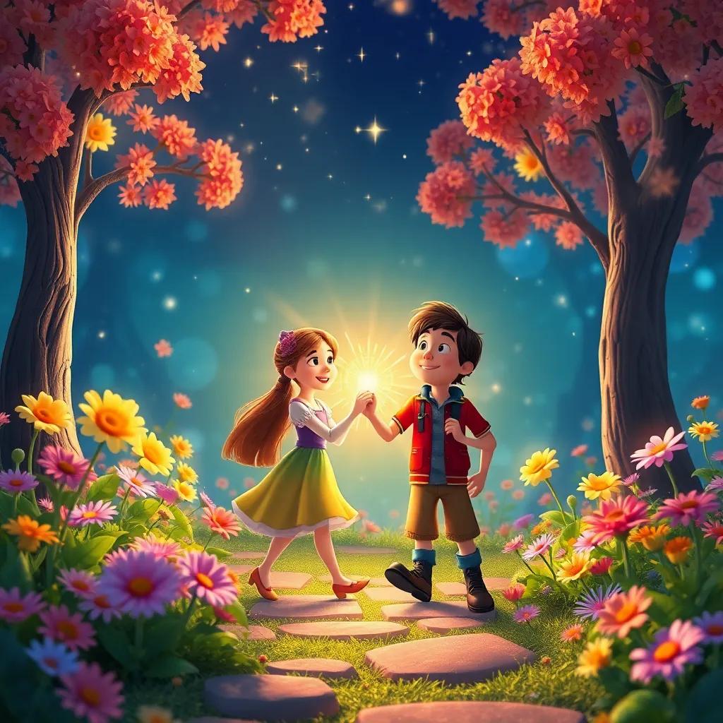 Ellie and Max returning to the heart of the Land of Melodies with the lost tune, colorful flowers blooming, a sparkling world with joy, bright and uplifting colors, heartwarming scene, digital art, enchanting ambiance