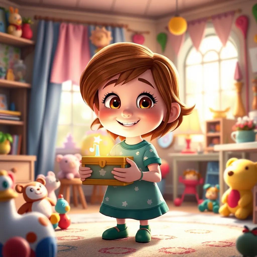 Ellie, back at home, holding the music box with a smile, surrounded by soft light, a cozy room filled with toys and whimsical decorations, cheerful and inviting atmosphere, colorful and lively scene, adorable, detailed
