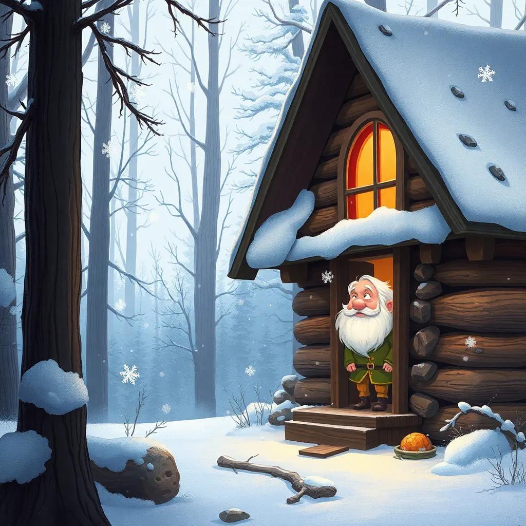A cozy cabin in the woods during winter with snowflakes falling down, a little old man, Mr. Whiskers, looking out from the window, warm and inviting atmosphere, digital art, detailed, soft colors, heartwarming scene, fantasy art