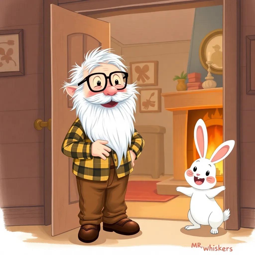 Mr. Whiskers, a little old man with a long white beard and glasses, wearing a plaid shirt and brown trousers, smiling as he welcomes a happy rabbit in through the door, cozy interior with a fireplace, cheerful ambiance, illustration, whimsical, child-friendly