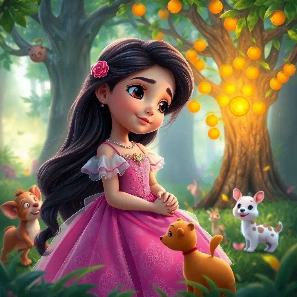 Layla, a little princess with long, dark hair in a beautiful dress, dreaming about a magical tree with golden fruits, surrounded by friendly animals in a lush green forest, vibrant colors, enchanting atmosphere, detailed digital art, high quality