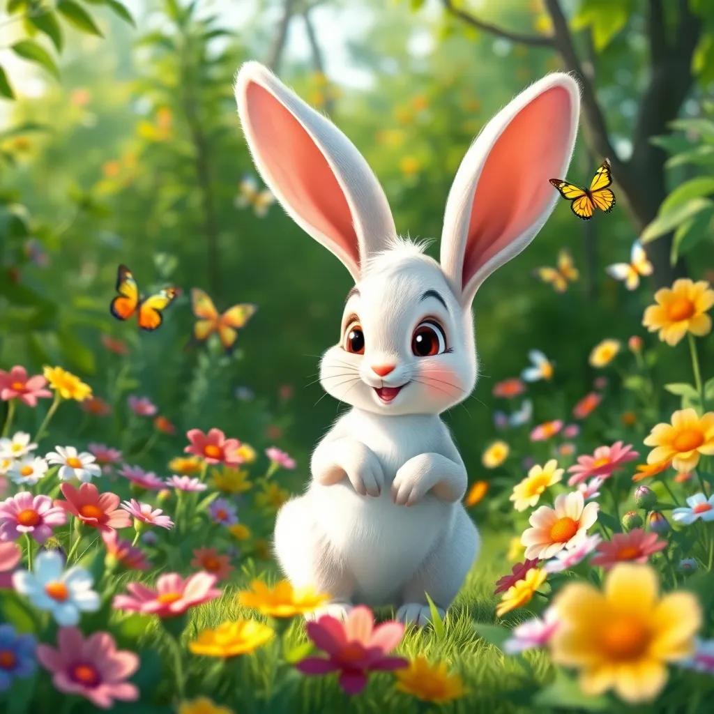 A little rabbit named Benny, with soft white fur and big floppy ears, exploring a lush green forest filled with colorful flowers and fluttering butterflies, cheerful, nature-inspired, vibrant colors, heartwarming atmosphere, high quality