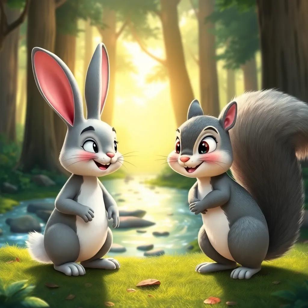 Benny the rabbit meeting Sally the squirrel, a cheerful gray squirrel with bright eyes and a bushy tail, in the sunlit forest, surrounded by tall trees and sparkling streams, inviting scene, friendly vibe, child-friendly, high quality