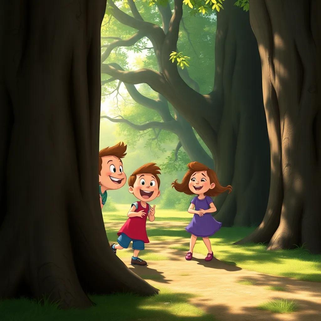 Benny and Sally playing hide and seek behind ancient oaks, laughing and having fun in the forest, with dappled sunlight creating shadows on the ground, joyful mood, playful atmosphere, cartoonish style, high quality