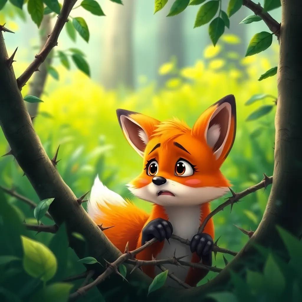 A worried little fox named Freddy, with shiny orange fur, caught in thorny bushes in a vibrant green forest, looking up at Benny and Sally, who are helping him, whimsical scene, emotional expression, friendly vibe, high quality