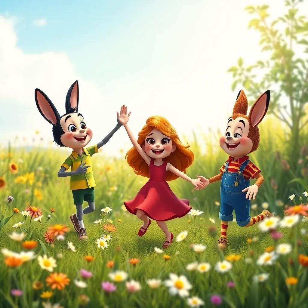 Benny, Sally, and Freddy playing together in a hidden meadow, full of sunshine and wildflowers, dancing and enjoying their time, bright colorful scene, joyful atmosphere, reflecting friendship, high quality