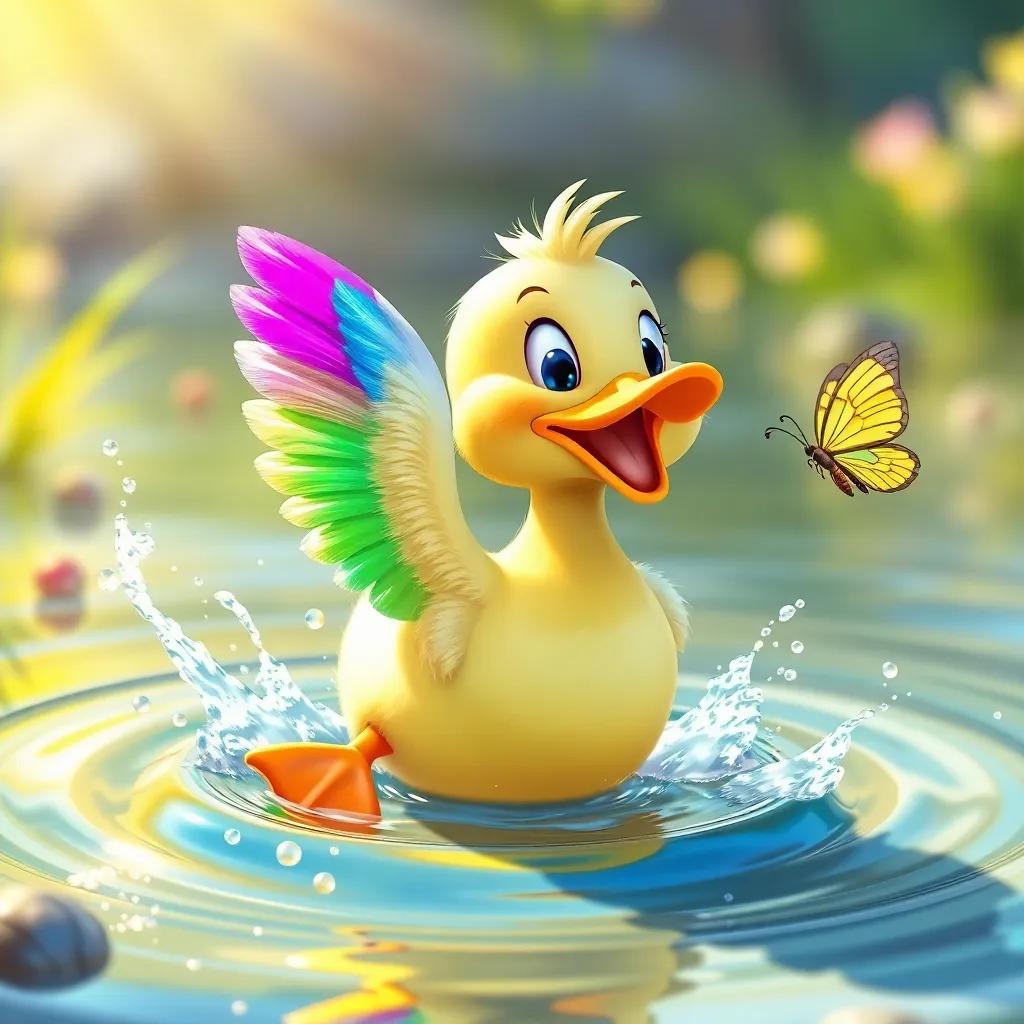 Dandy the duck splashing water with rainbow-colored feathers shimmering in the sunlight, joyful scene with a curious butterfly hovering nearby, lively colors, fun and playful, children's art style, high quality
