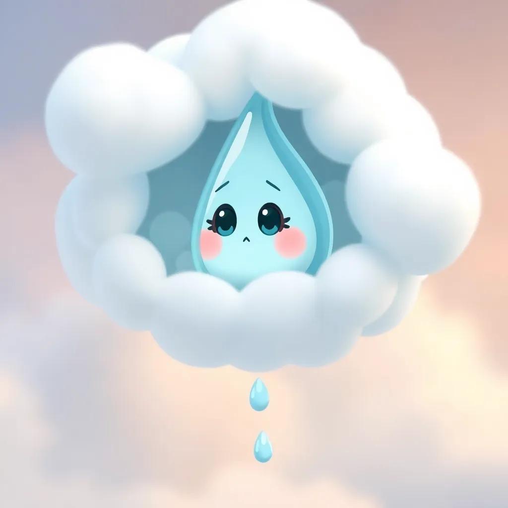 A tiny raindrop named Raina, in a fluffy white cloud, looking down curiously at the world below, soft cloud background, pastel colors, whimsical, child-friendly