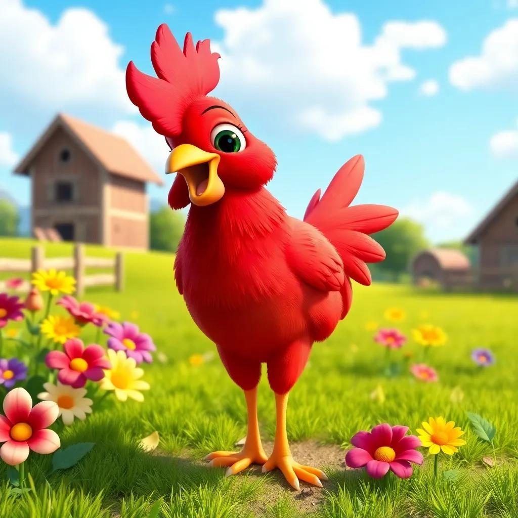 A little red hen, with bright feathers and a happy smile, standing on a sunny farm with a blue sky and green grass, surrounded by colorful flowers, cheerful scene, digital art, vibrant colors, playful atmosphere, high quality
