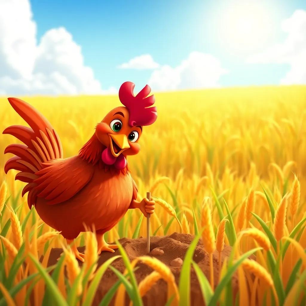 The little red hen, proudly planting wheat seeds in a golden field, sunshine and blue skies above, with waving green grass around, cheerful imagery, bright colors, high quality