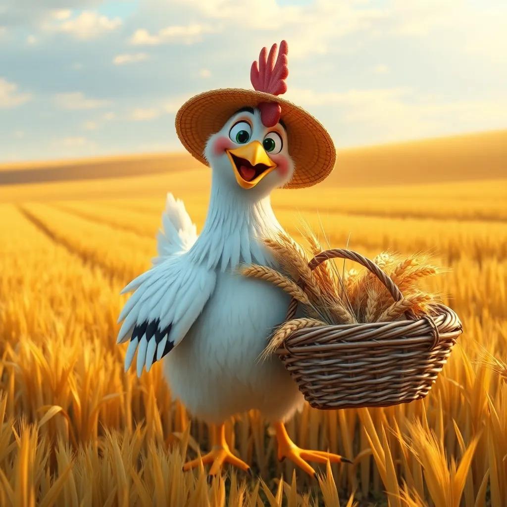 The hen, harvesting golden wheat with a big smile, carrying a basket full of wheat stalks, fields stretching far and wide, joyful spirit, digital art, bright and lively, high quality