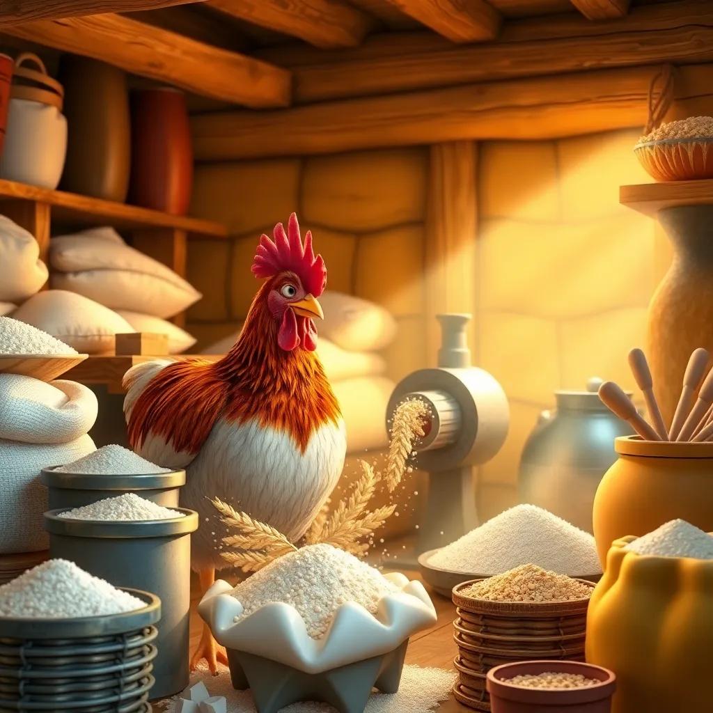 The little red hen at the mill, grinding wheat into flour, surrounded by bags of flour and colorful kitchen tools, busy scene, warm light, high quality