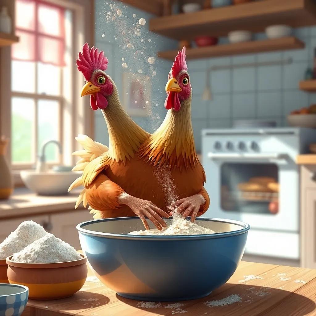 The hen, mixing dough in a large bowl, flour dust in the air, bright oven in the background, cheerful kitchen setting, digital painting, colorful, cozy mood, high quality