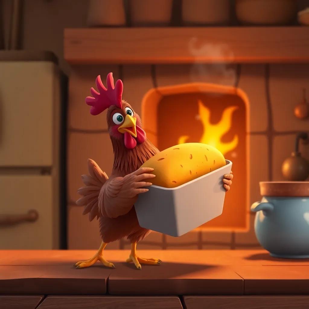The little red hen taking the golden loaf of bread out of the oven, warm and inviting kitchen with a delicious smell in the air, happy and successful scene, vibrant colors, high quality