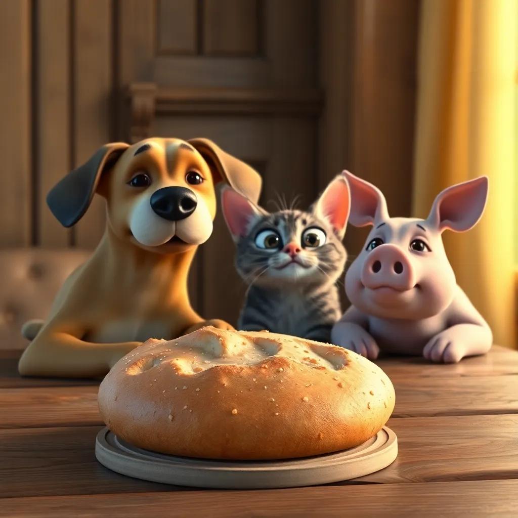 The golden bread on a wooden table, the lazy dog, sleepy cat, and slow pig looking on with big eyes and noses in the air, craving the fresh bread, delightful imagery, warm light, high quality