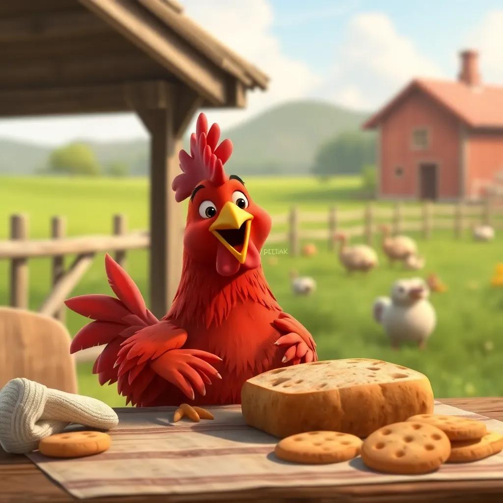 The little red hen joyfully eating the warm bread at the table, a peaceful farm background, with a satisfied smile, digital art, cheerful and happy colors, high quality