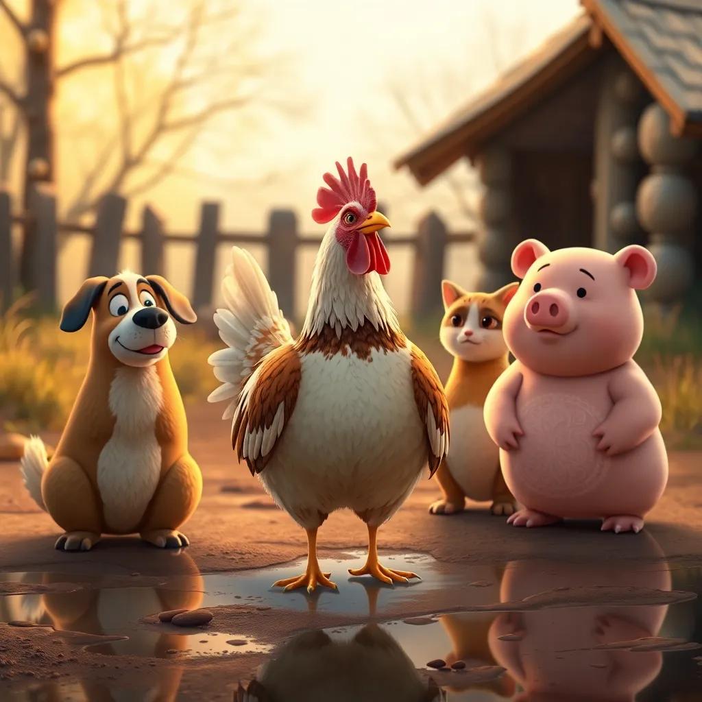 The hen, with the lazy dog, sleepy cat, and slow pig watching from the side, realizing the importance of teamwork and responsibility, reflective scene, warm tones, high quality