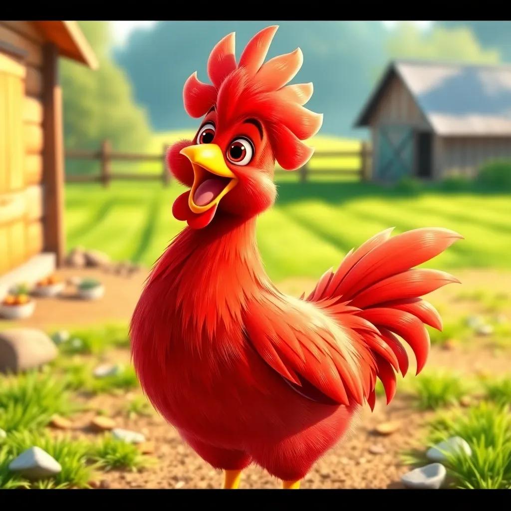 A cheerful little red hen with bright feathers, standing in a sunny farmyard, with green fields and a blue sky, digital art, vibrant colors, warm and happy atmosphere, high quality