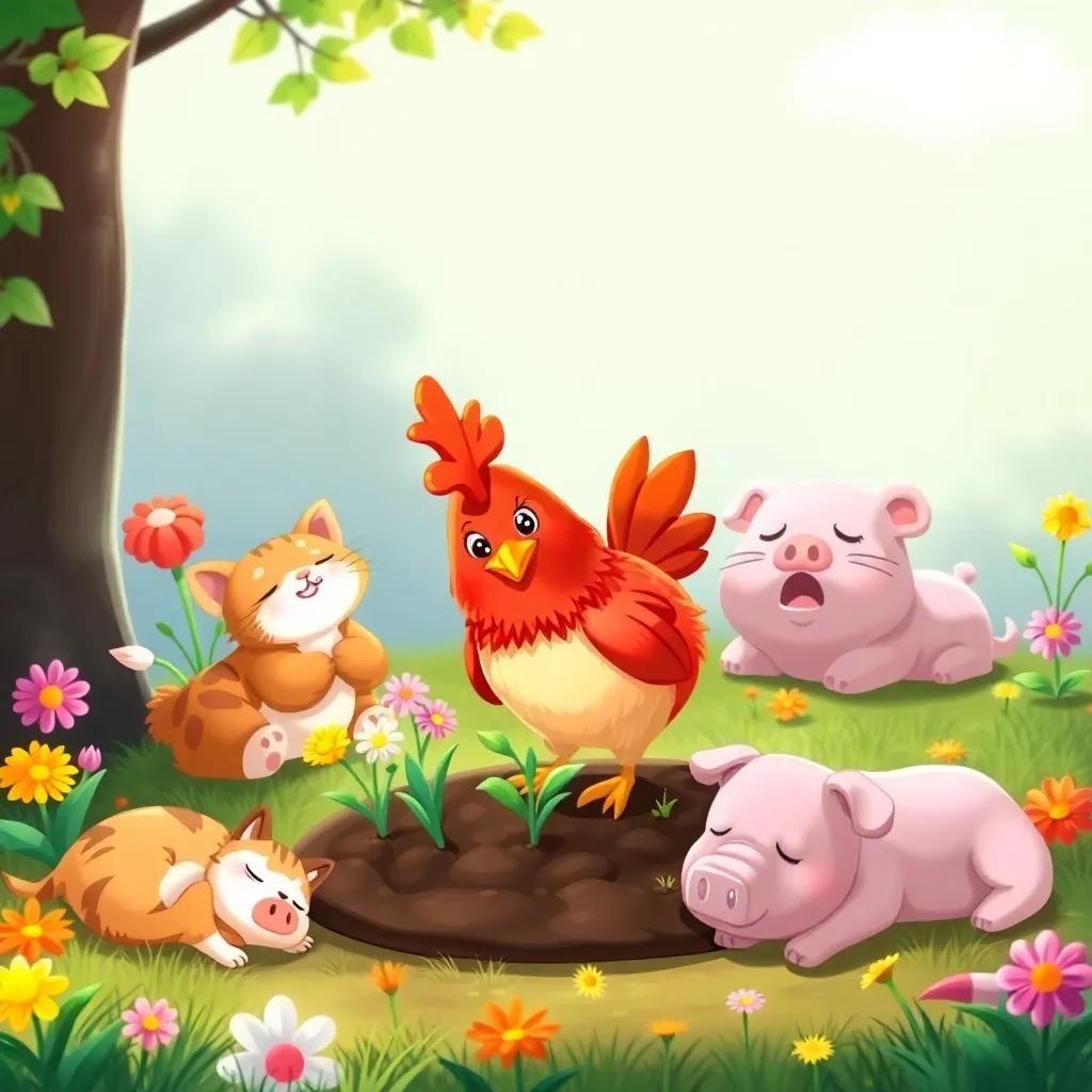 The little red hen planting seeds with a sunny smile, colorful flowers around, while a lazy cat sleeps nearby, a sleepy dog yawning and a slow pig rolling in the grass, cartoonish style, playful scene, bright colors