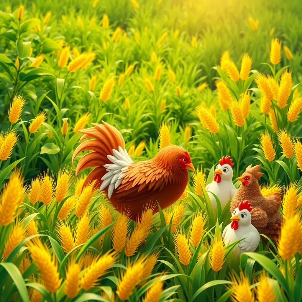 The little red hen harvesting golden wheat in a lush field, surrounded by green plants and the sun shining down, while her lazy friends watch from the side, cheerful digital art, rich greens and yellows
