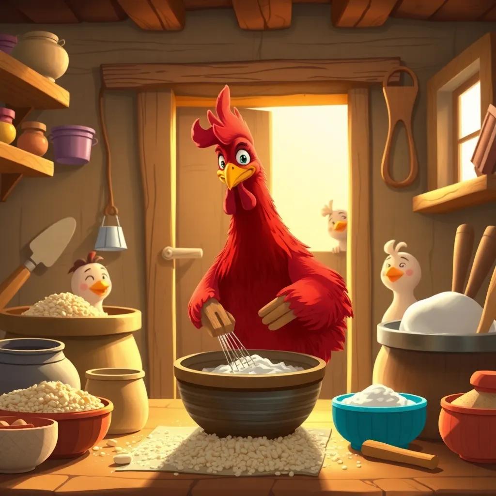The little red hen grinding wheat into flour in a cozy kitchen, with bowls and baking tools around, while her friends peek through the door, inviting colors, warm light, friendly atmosphere