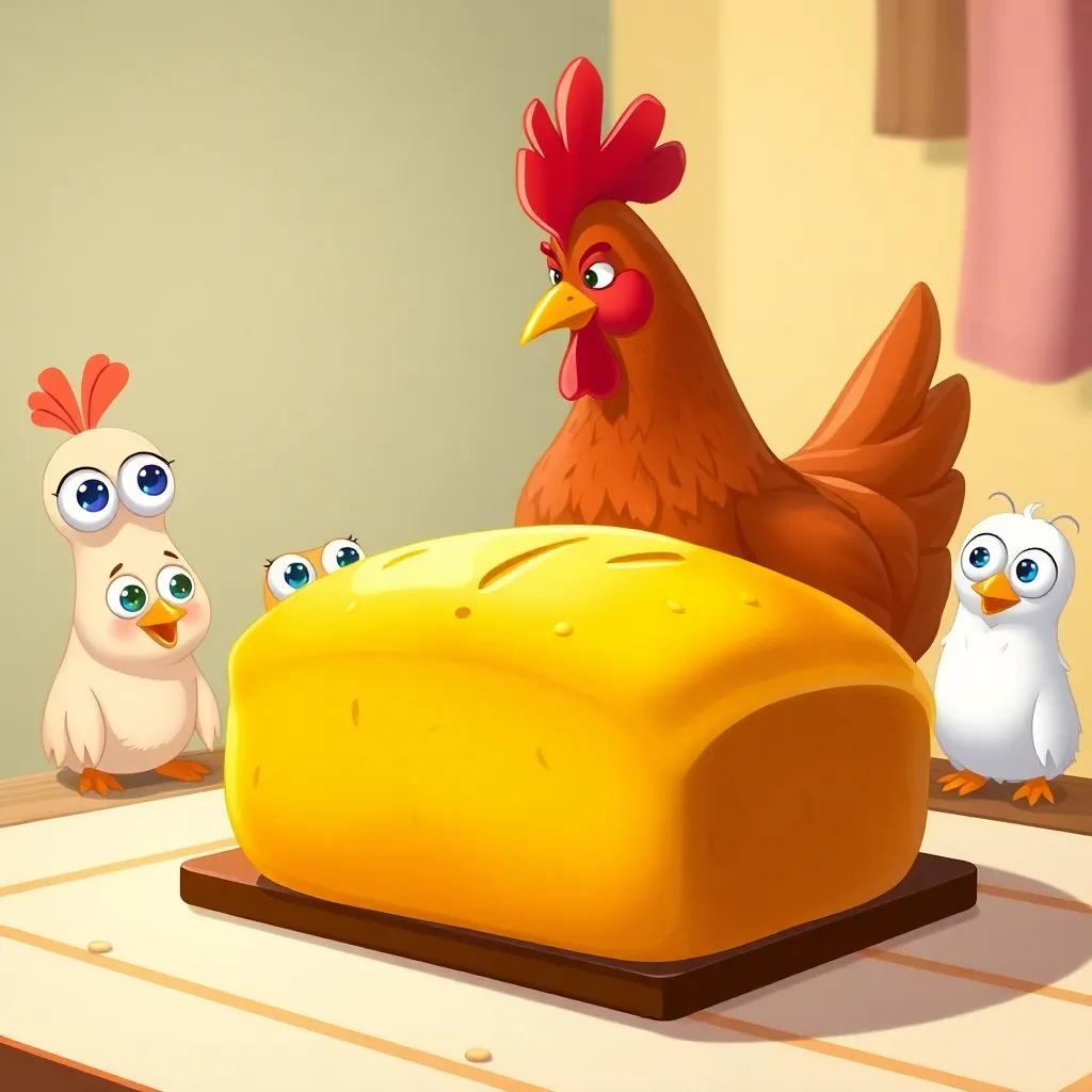 A freshly baked golden loaf of bread sitting on a table, with the little red hen happily smelling it, while her greedy friends stare at the bread with sparkly eyes, charming illustration, lots of color
