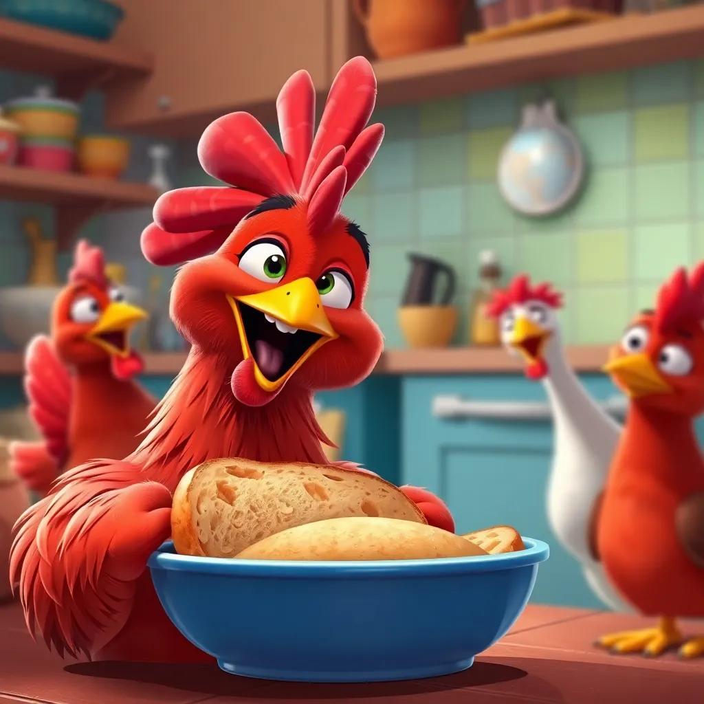 The little red hen taking a big bite of the warm bread, smiling joyfully, while her friends look sad in the background, colorful kitchen setting, joyful atmosphere, bright shades