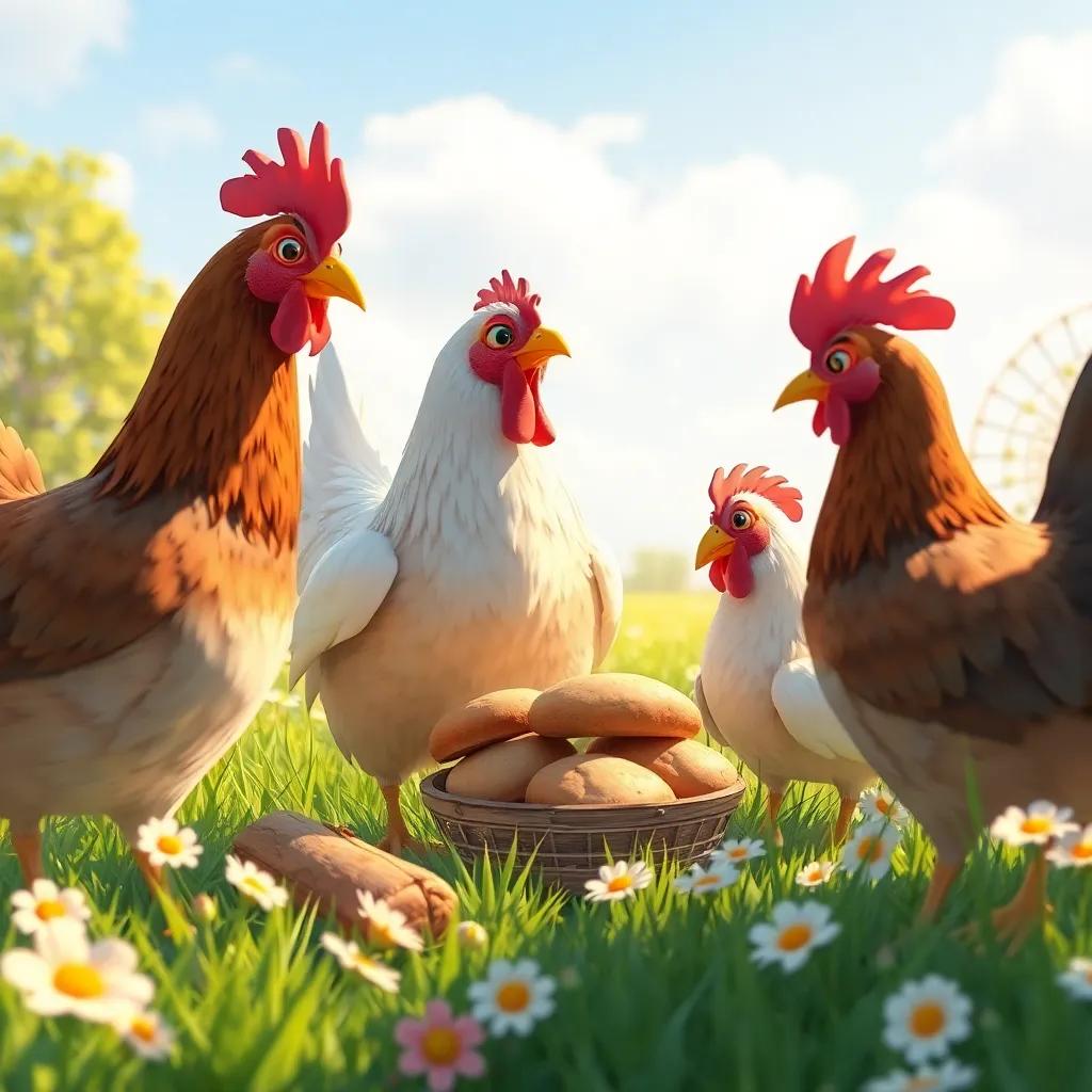 The hen sharing the bread with her friends, who are now eager to help, in a sunny field with blooming flowers around, warm colors, a sense of teamwork and happiness