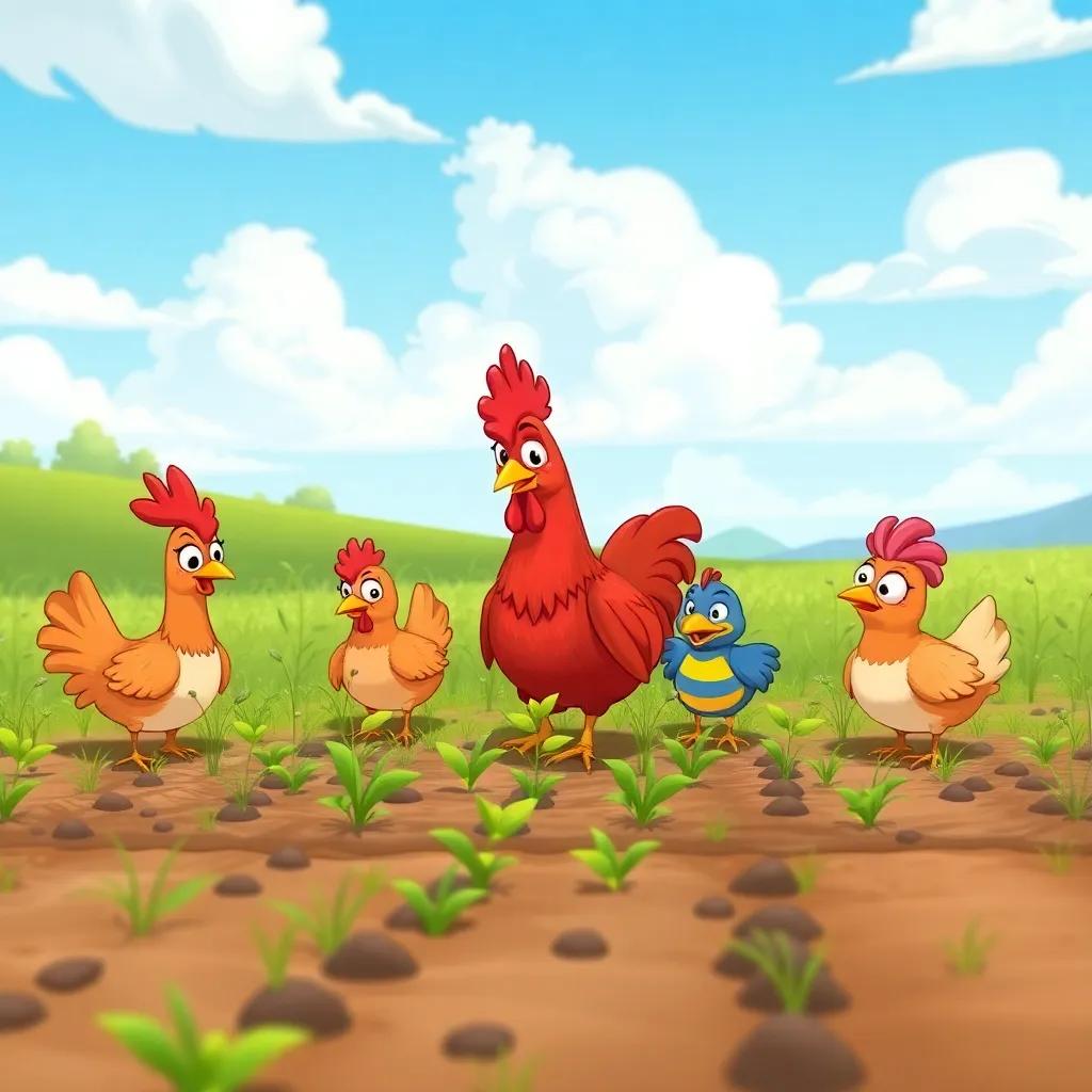 The little red hen and her friends working together in a field, planting seeds, with a big blue sky above, cartoonish style, cheerful and collaborative atmosphere, friendly colors