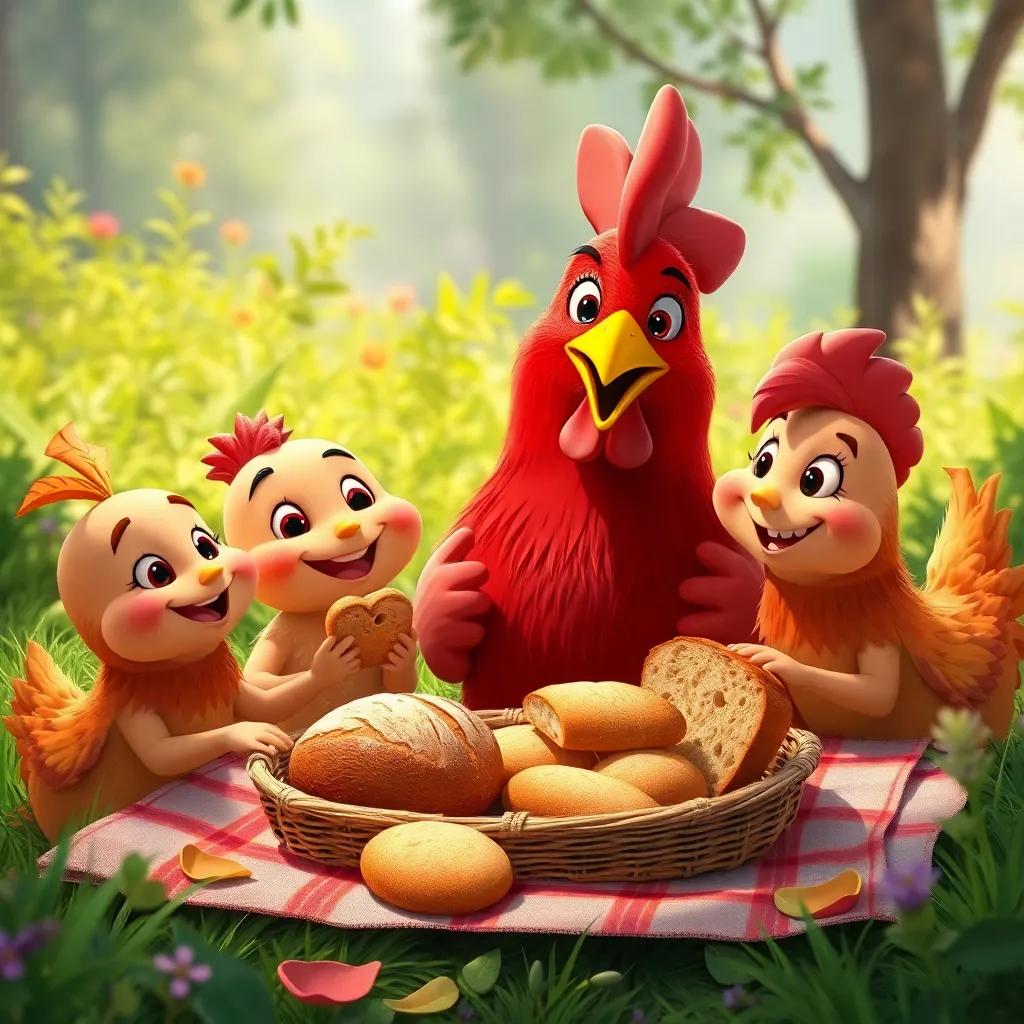 The little red hen with her friends sharing a picnic with the bread they made together, surrounded by nature, happy faces, sunny day with vibrant greenery