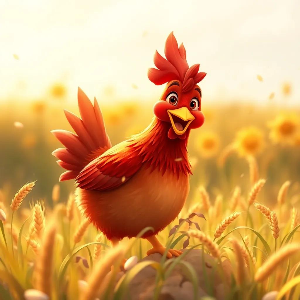 The little red hen finding shiny wheat seeds in a sunny field, with a big smile on her face, digital art, warm colors, cheerful atmosphere, high quality