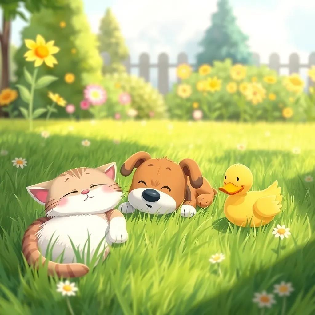 A lazy cat lying in the grass, a sleepy dog with closed eyes, and a noisy duck quacking, all in a sunny garden, illustration, playful, child-friendly
