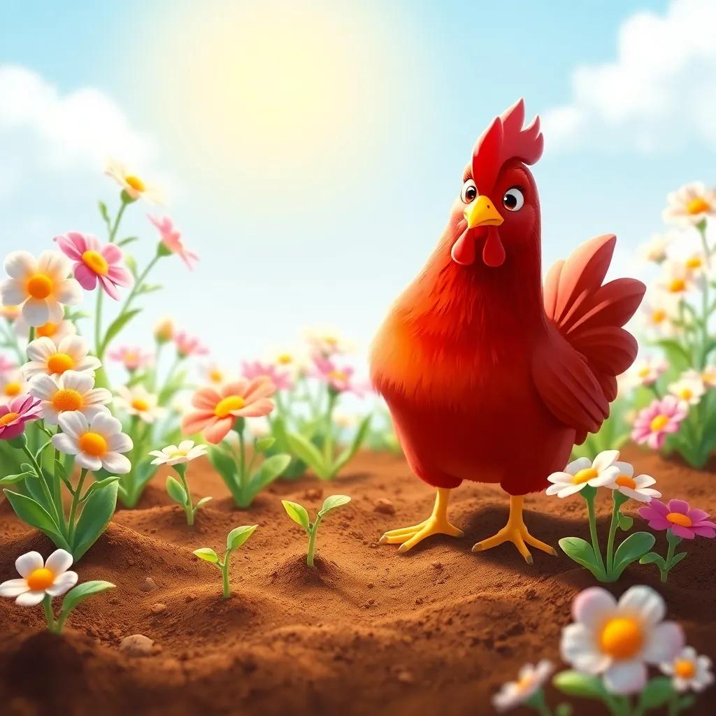 The little red hen planting seeds in the soil with care, sunshine above her, surrounded by blooming flowers, vibrant colors, engaging scene, high quality