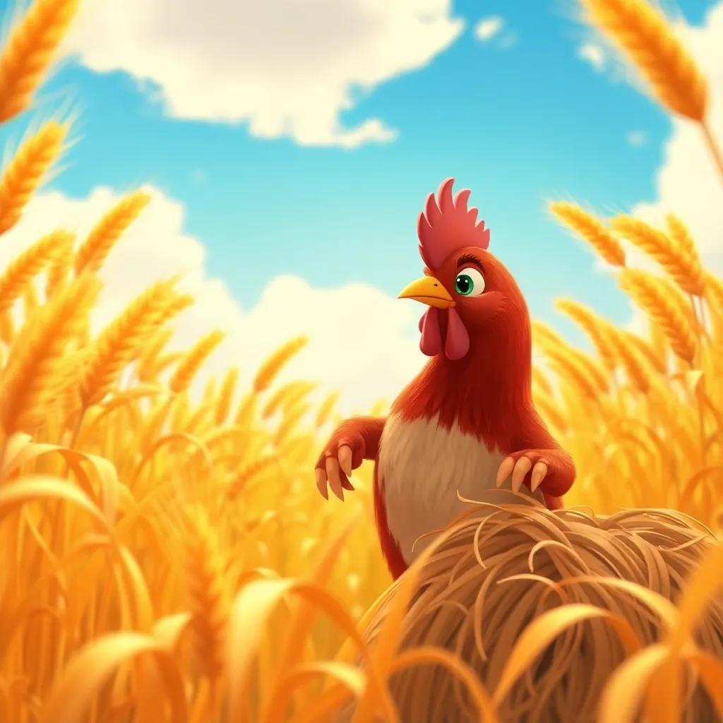 The little red hen working hard, harvesting golden wheat with bright blue sky in the background, showing her determination, digital art, warm tones, dynamic perspective