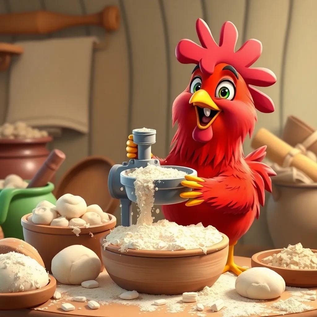The little red hen smiling as she grinds wheat into flour, surrounded by kitchen items, with dough and flour everywhere, colorful, lively, detailed