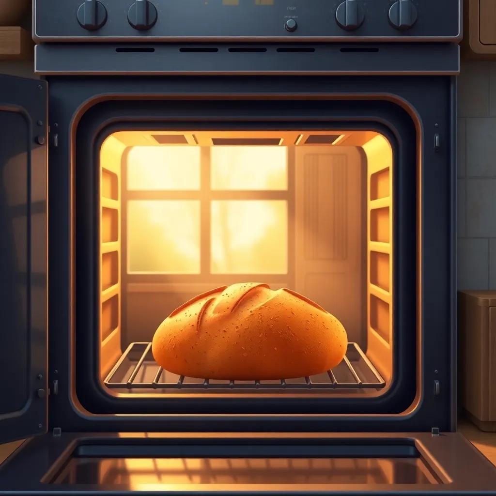 An oven with a loaf of bread inside, golden and crusty, the aroma filling a cozy kitchen, a window showing the sunny day outside, bright colors, inviting