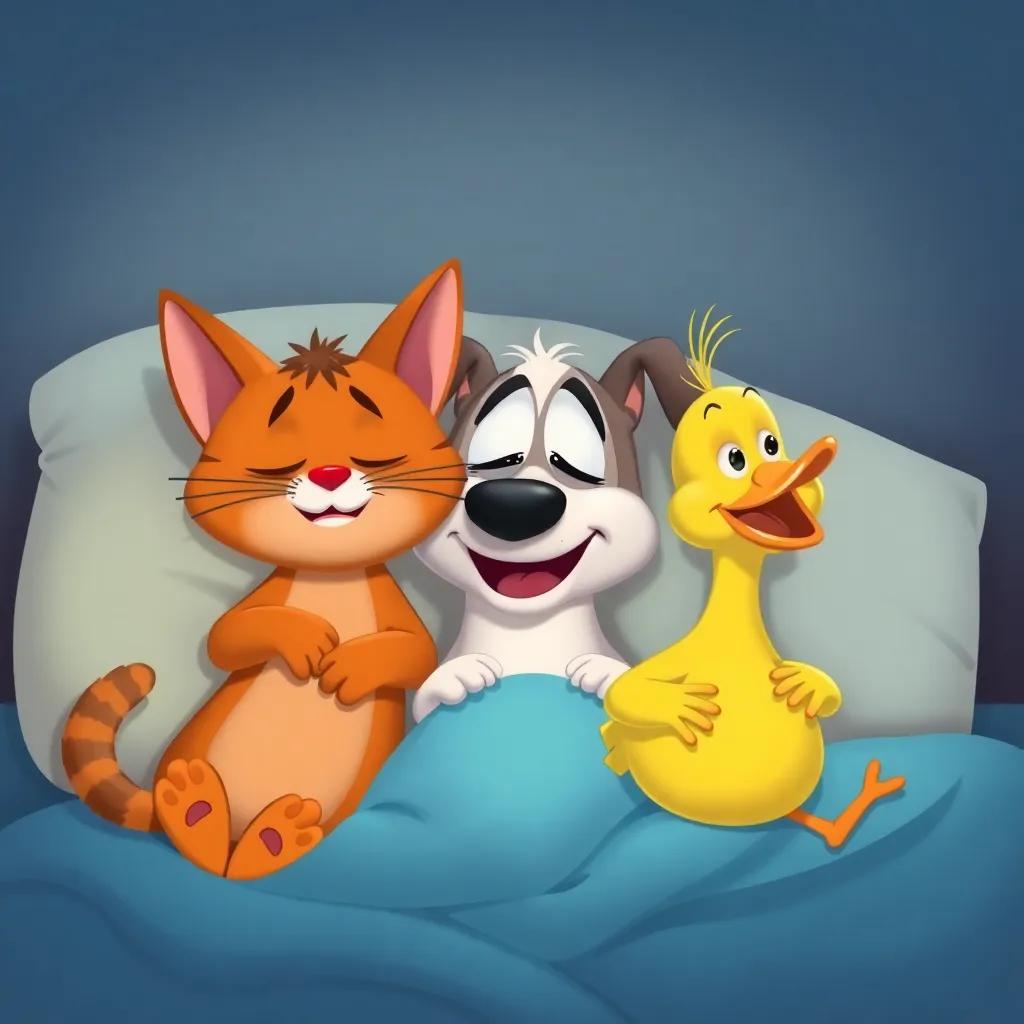 The lazy cat, sleepy dog, and noisy duck waking up with hungry expressions, tummy rumbling, and sniffing the air, funny and whimsical scene, cheerful colors