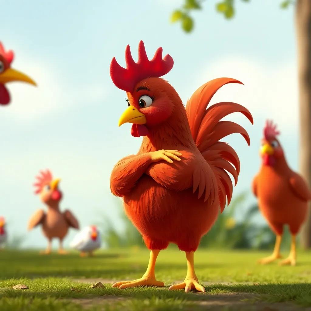 The little red hen standing with arms crossed, looking at her friends, her tail feathers fluffed, making a point, a playful setting, vibrant and engaging