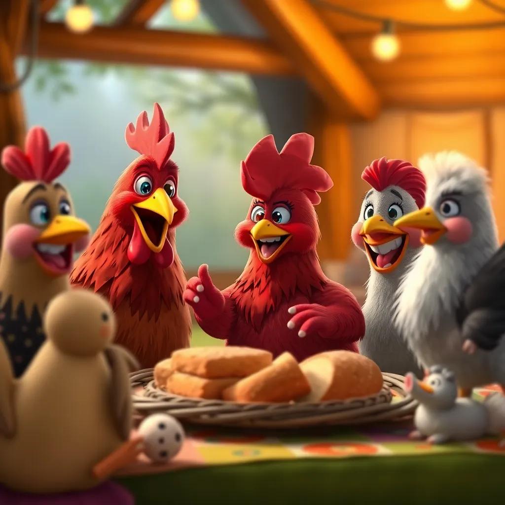 The little red hen sharing bread with her friends, all smiling and happy in a cozy picnic setting, warm and inviting atmosphere, bright colors