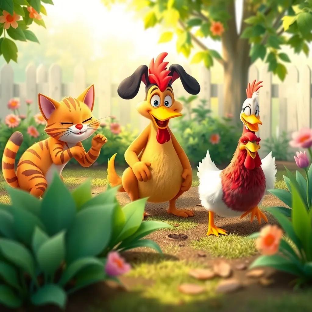 The lazy cat, sleepy dog, and noisy duck helping the little red hen in the garden, all working together happily, colorful, joyful atmosphere, child-friendly