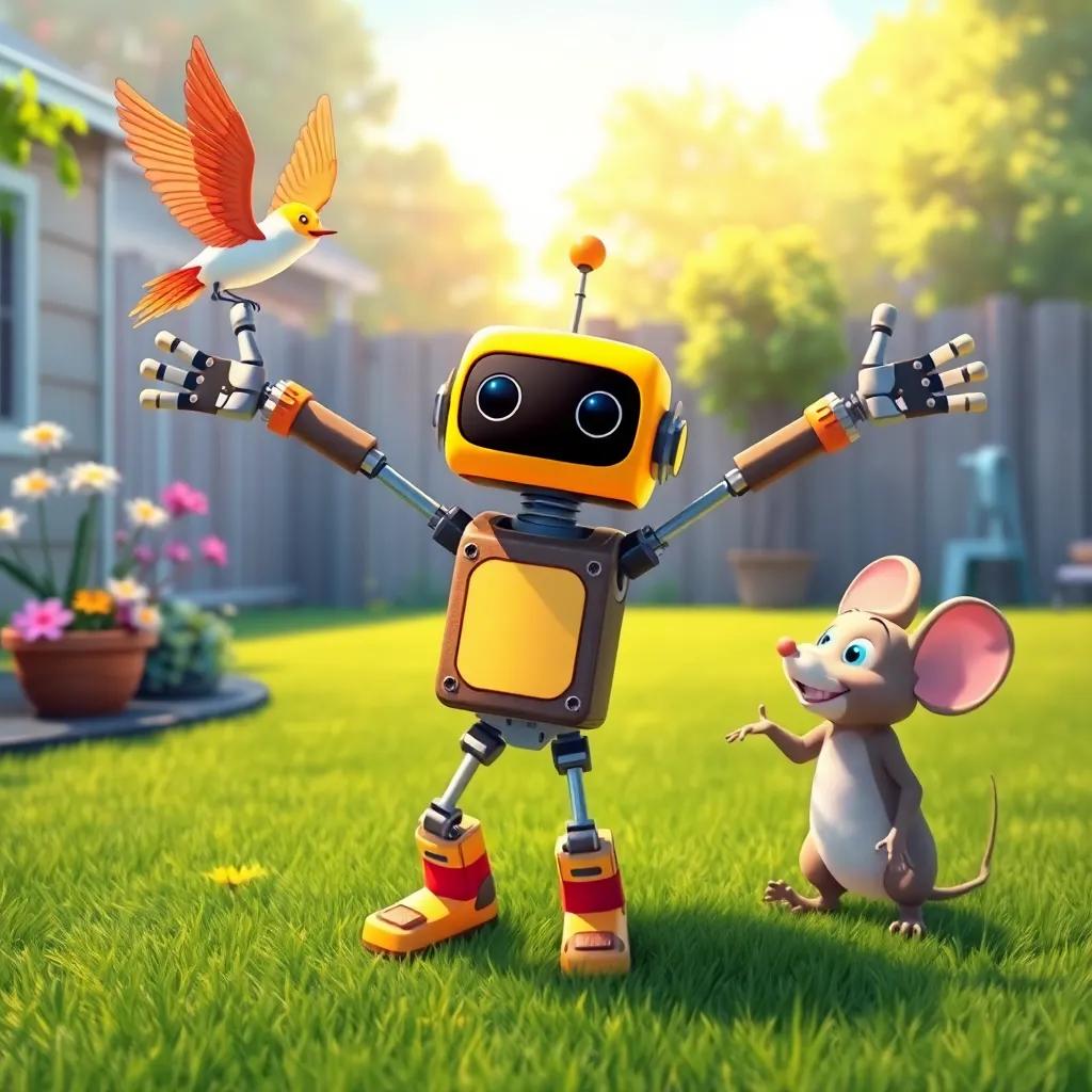 Rusty the robot trying to dance with stretched arms in the backyard, with Bella the bird flying around him and Max the mouse encouraging him, sunny day, joyful atmosphere, digital art, bright colors, high quality