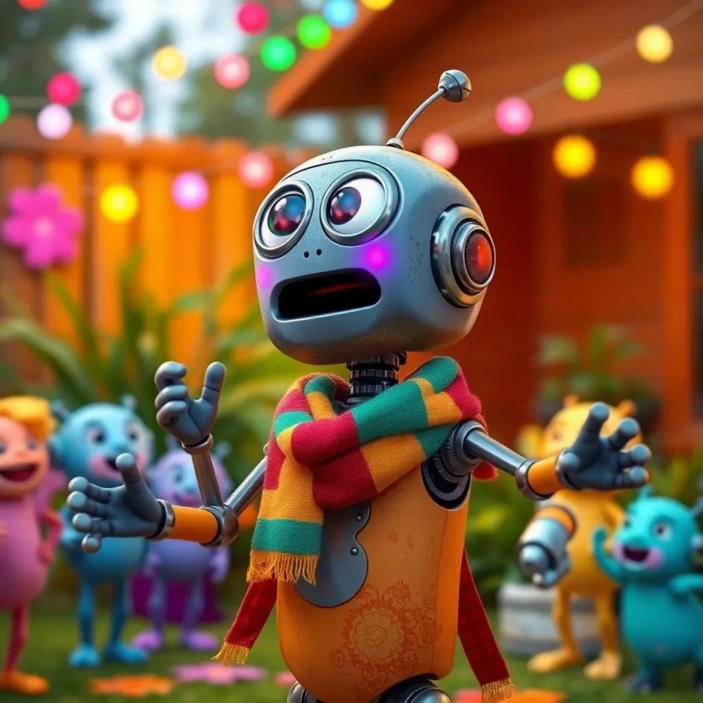 Rusty the robot with a colorful scarf, taking a deep breath and trying to dance with all his might, surrounded by his friends who are cheering him on, colorful backyard, cheerful, vibrant lights, digital painting, high quality