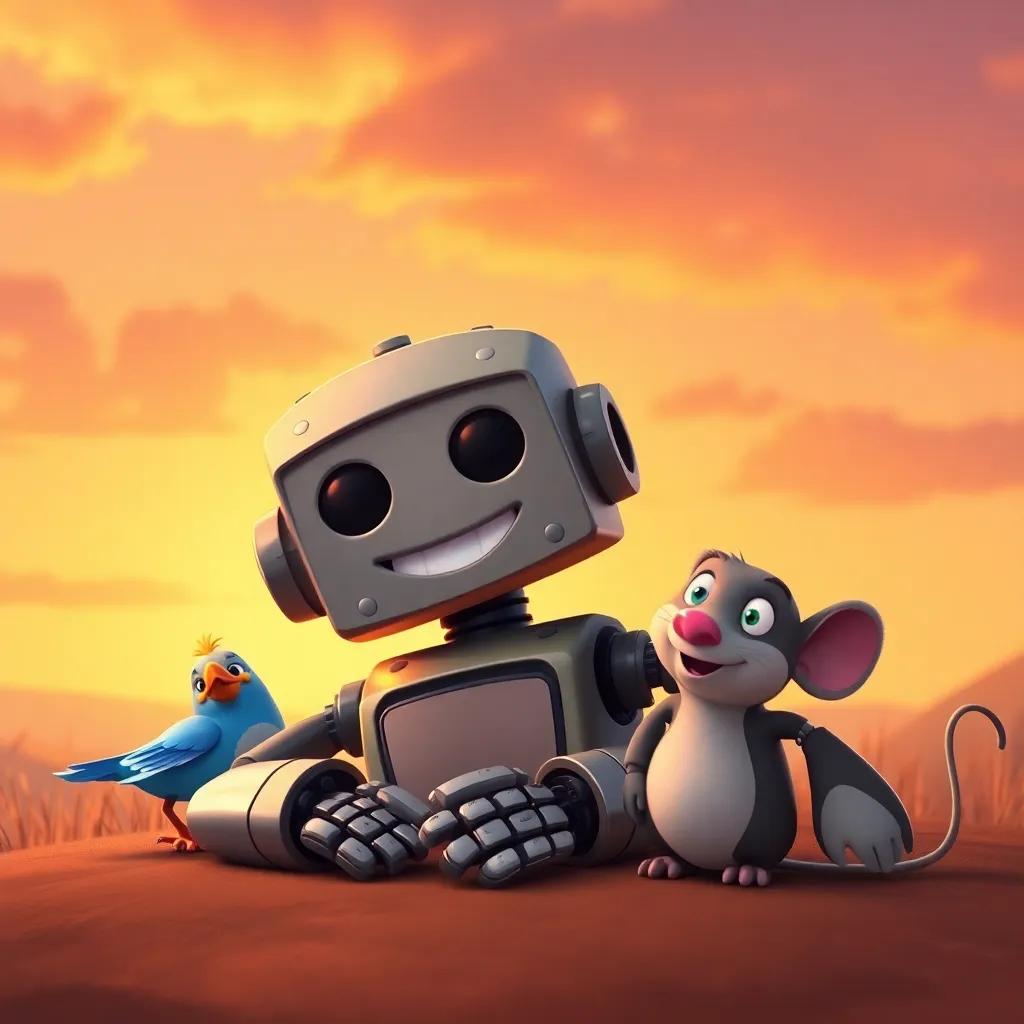 A sunset background with Rusty the robot smiling and resting after dancing, with Bella the bird and Max the mouse by his side, all looking happy and content, whimsical style, soft lighting, touching moment, high quality