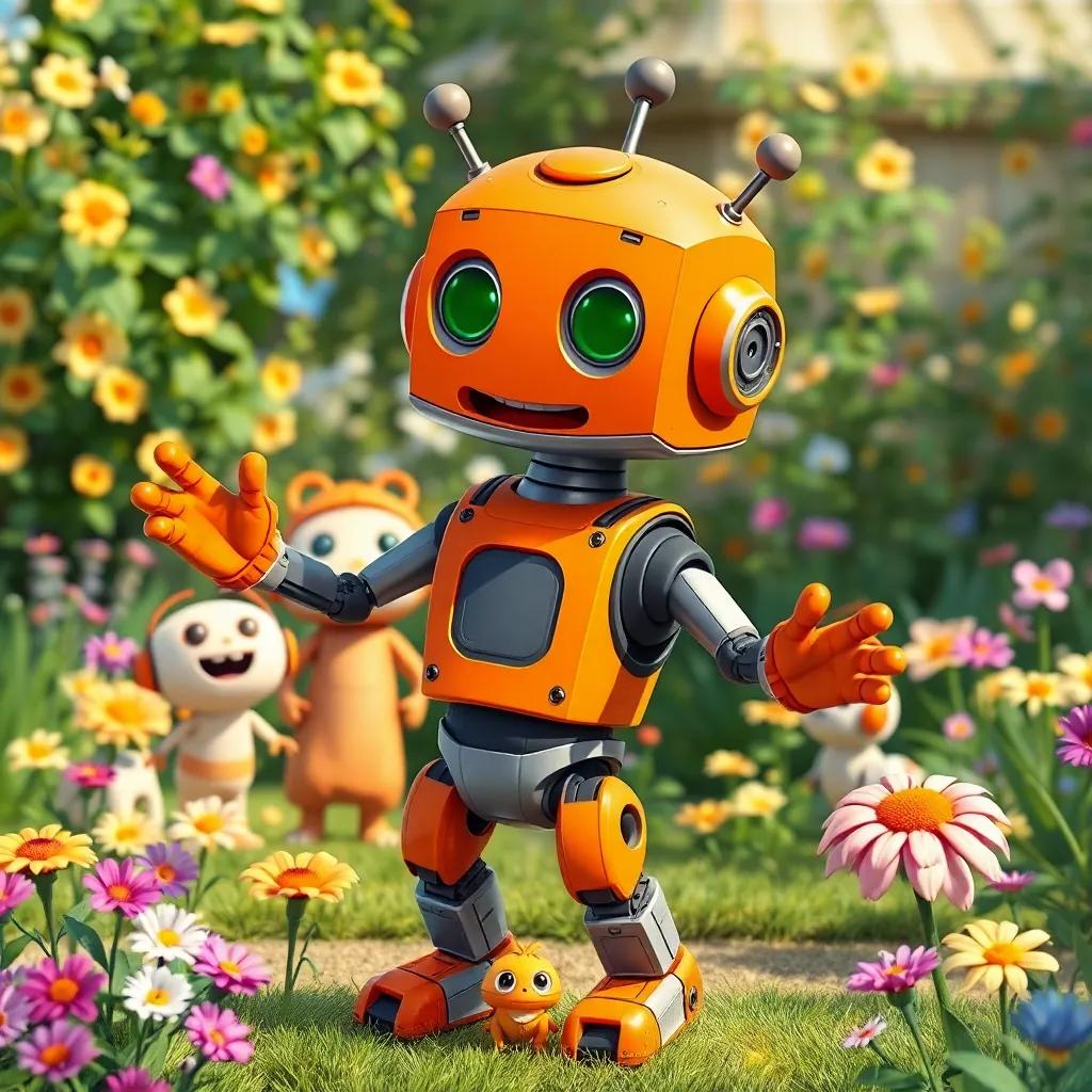 Rusty the robot showing off his dance moves in front of smiling friends, with a garden filled with flowers and butterflies, cheerful scene, detailed illustration, bright, high quality