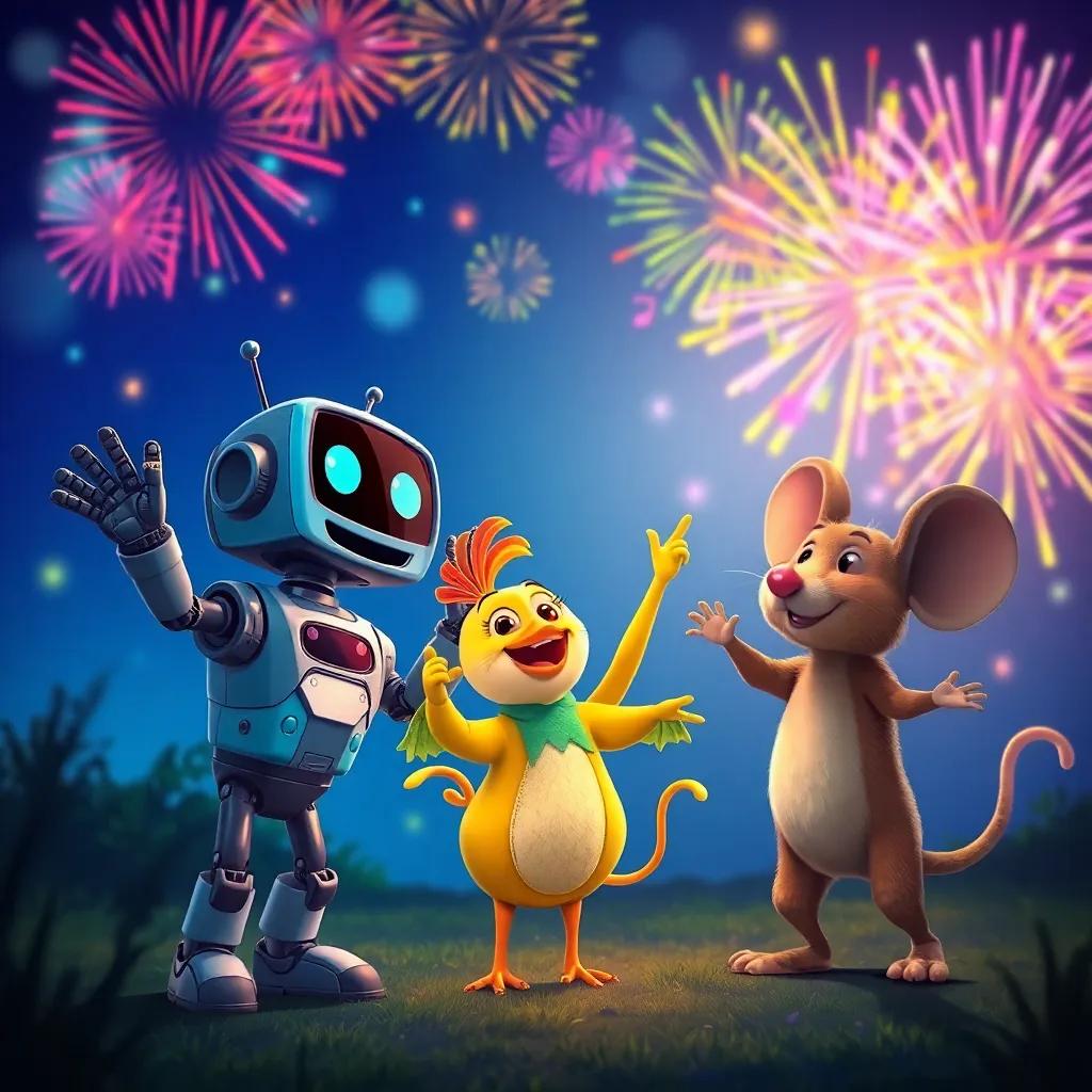 A joyful scene of Rusty the robot, Bella the bird, and Max the mouse celebrating their friendship with music and dancing, colorful fireworks lighting up the night sky, digital painting, magical, high quality