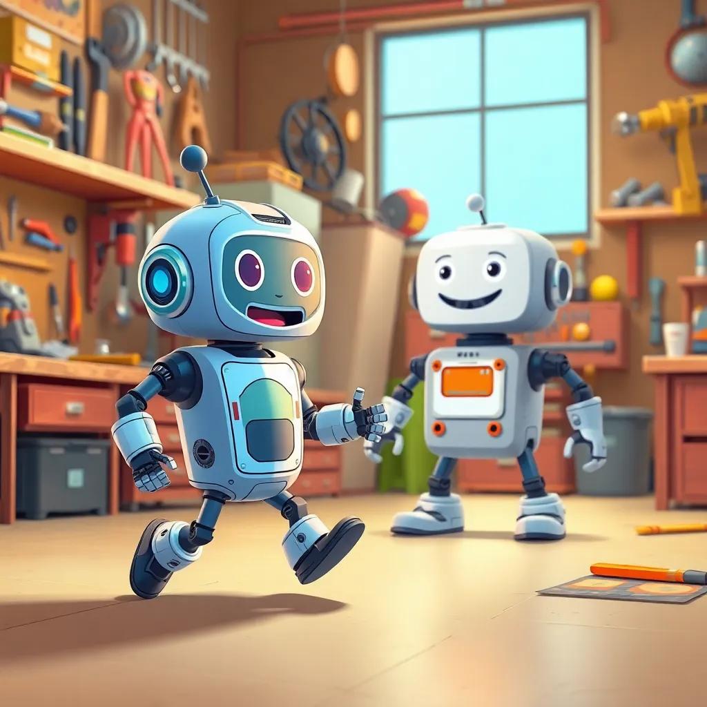 Rocco the robot, excited with buzzing circuits, rolling towards Timmy, a big friendly robot with a kind smile, in a workshop full of tools, colorful, inviting, digital illustration, warm light, joyful scene