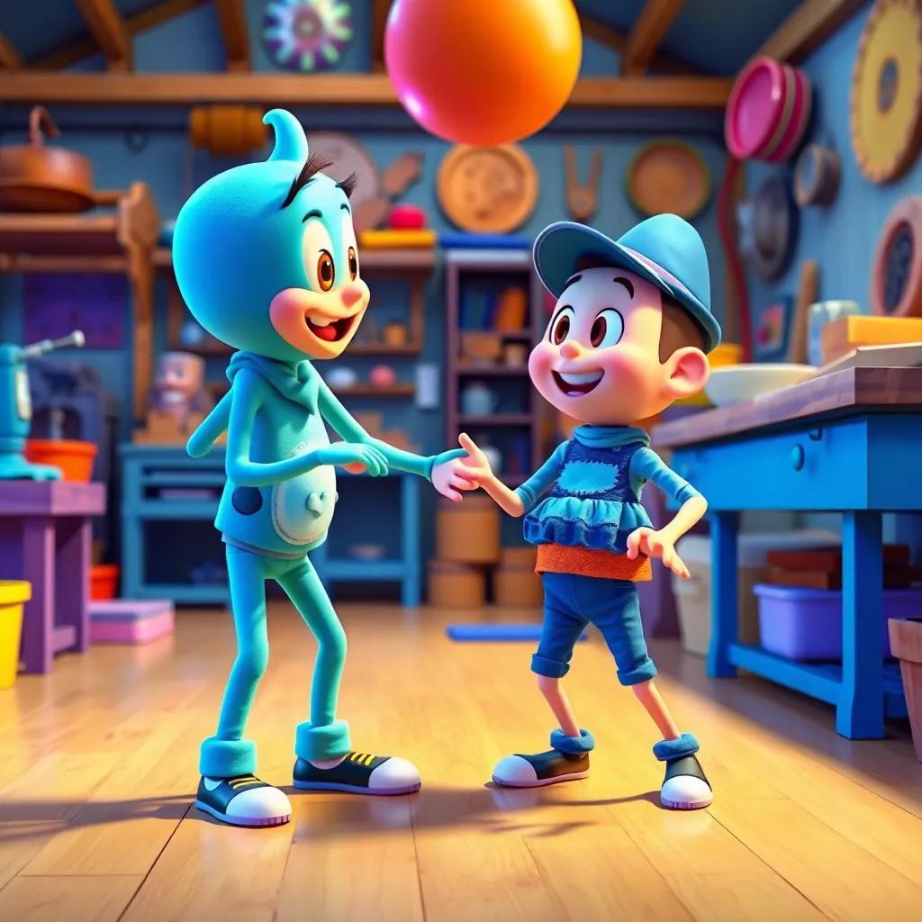 Timmy showing Rocco how to dance, Rocco awkwardly stepping side to side, joyful atmosphere, workshop setting, bright colors, cartoon style, fun and lively
