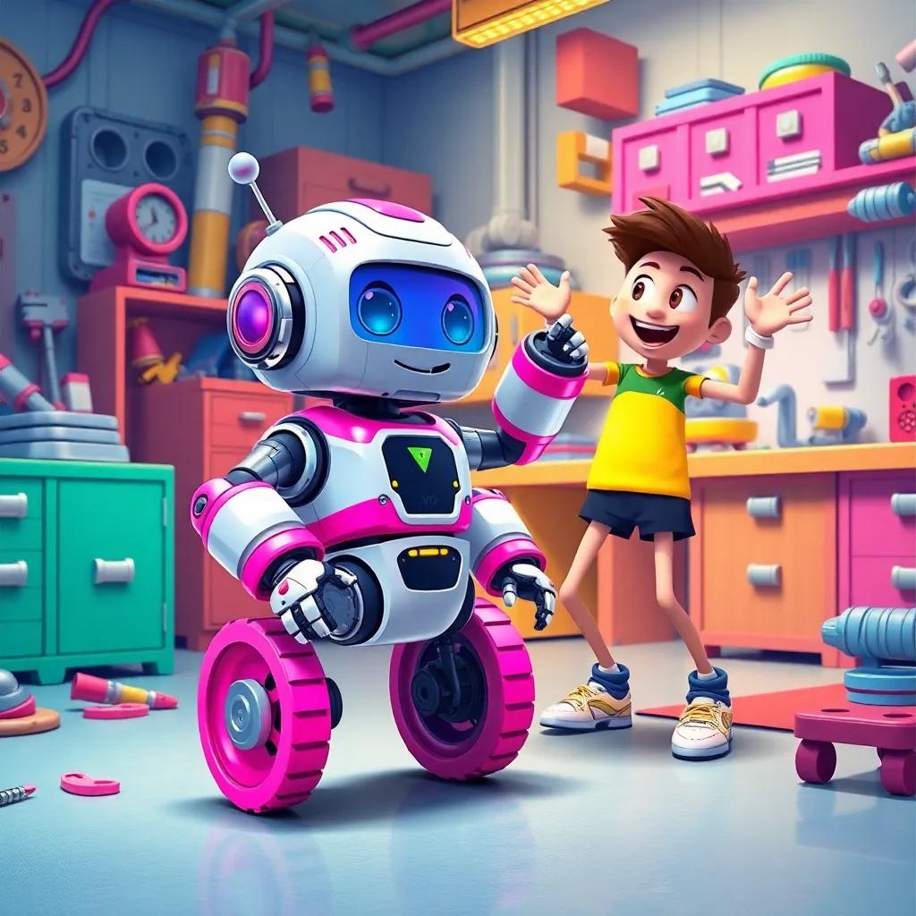 Molly, a cute robot with bright pink wheels, cheering Rocco on, colorful workshop filled with parts and gadgets, Rocco practicing dance moves, vibrant and cheerful, detailed illustration