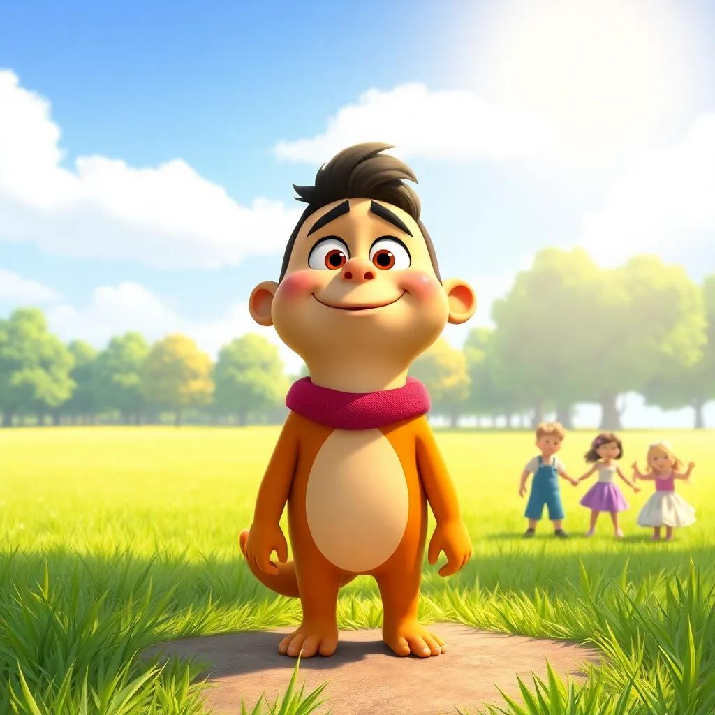Rocco feeling ready to dance in the park, standing tall under the sunny sky, nervous excitement on his face, grass and children dancing in the background, illustration, bright colors, uplifting scene